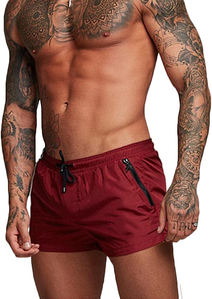 Rexcyril Men's Athletic Gym Workout Shorts 3 Inch Quick Dry Running Bodybuilding Short Pants with Liner and Zipper Pockets, Win Red, Small