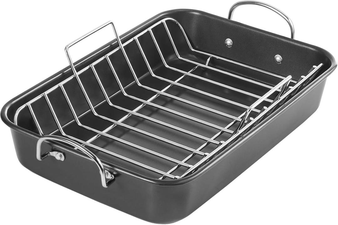 KITESSENSU Nonstick Roasting Pan with Rack 15 x 11 inch - Turkey Roaster Pan for Ovens - Wider Handles & Heavy Duty Construction, Gray