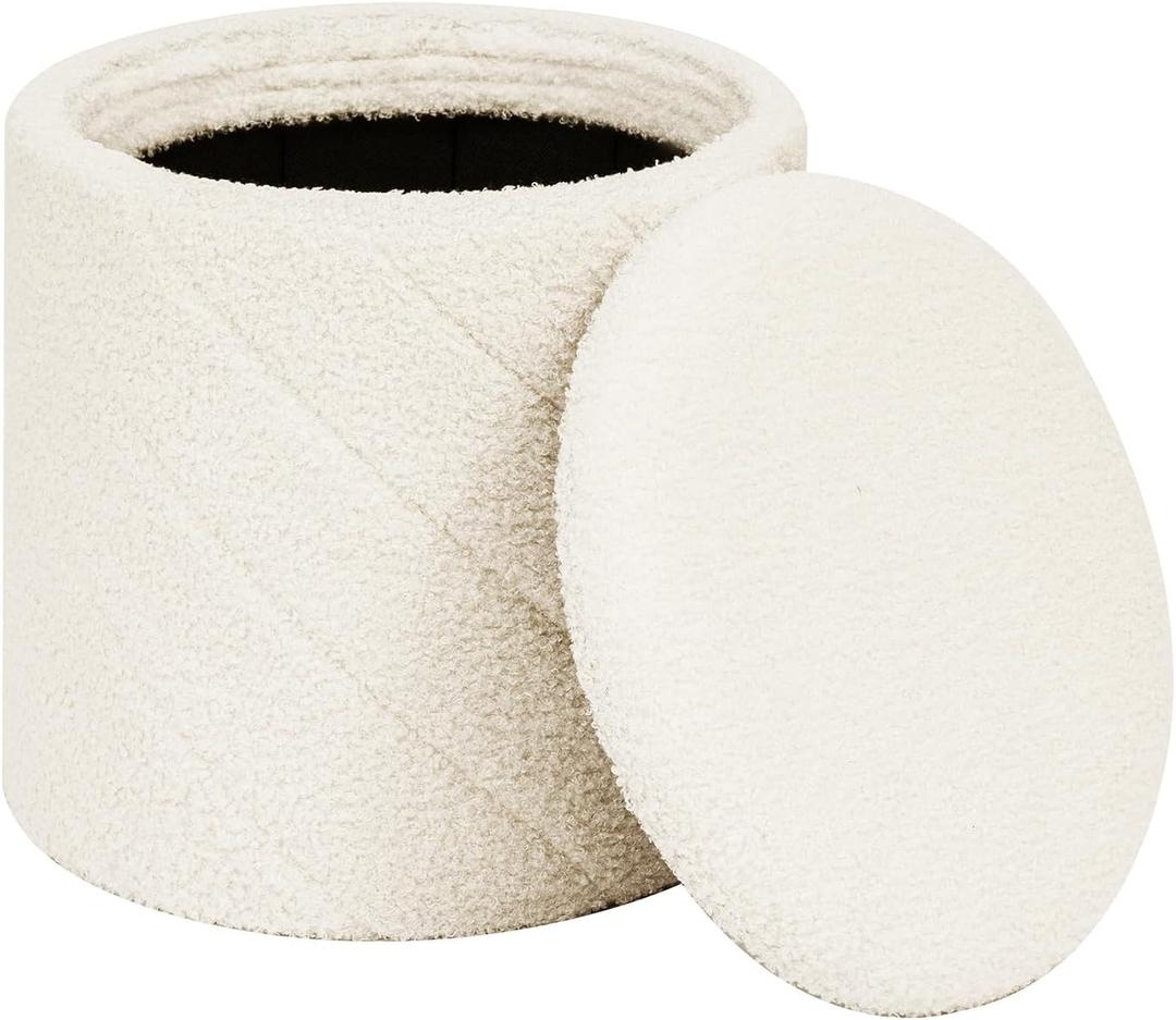 Round Ottoman with Storage, Boucle Foot Rest Stool with Reversible Tray Lid, Folding Teddy Ottoman Coffee Table for Dorm Living Room Bedroom Entryway, White,13" x 13" x 13.8"
