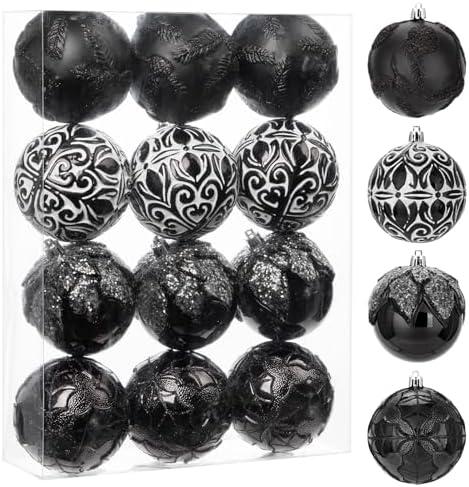 Hollyone 3.15"/ 80mm Black Christmas Ball Ornaments 12 Pcs Shatterproof Christmas Tree Relief Ornament Set Large Hanging Ornaments Balls for Halloween Holiday Wreath Home Decor