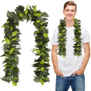Hawaiian Lei Maile Lei Artificial Realistic Green Leaves 2026 Gift for Hawaiian Luau Party Decorations, 3.28ft
