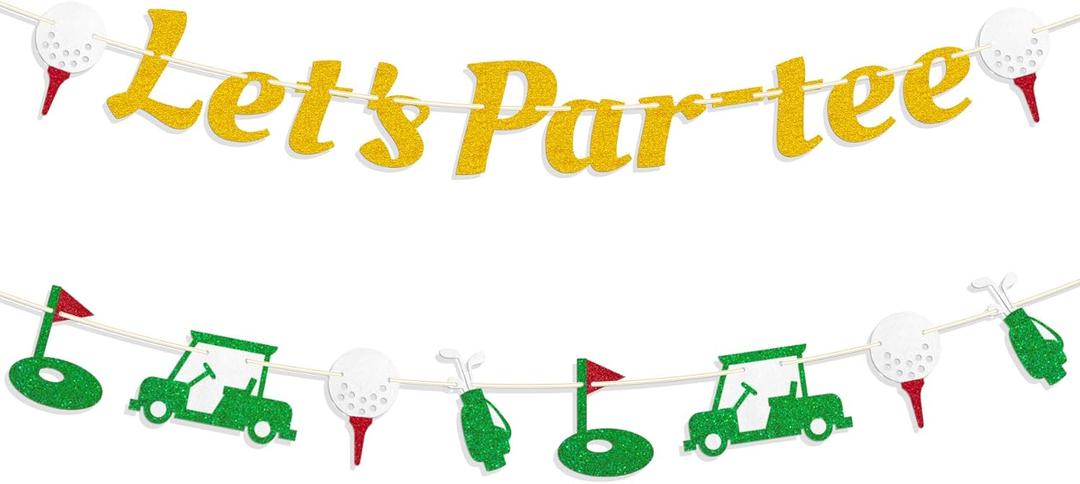 Pre-Strung Golf Themed Birthday Banner, NO-DIY Lets Par-tee Banner Golf Sports Theme Party Decorations for Retirement Baby Shower, Gold, Golf Let's Par-tee