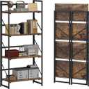 JSB No Assembly Folding Bookshelf, 4 Tier Industrial Metal Book Shelf for Storage, Vintage Wood Foldable Bookcase for Living Room, Bedroom, Office Organization Shelves