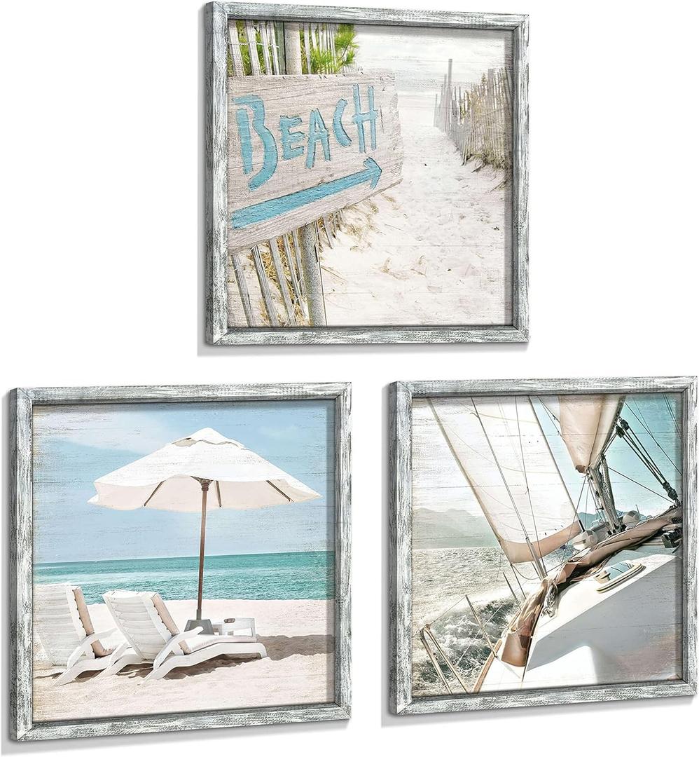 Beach Framed Wooden Wall Art: Ocean Pictures Coastal Art Prints Seaside Artwork Collection Set of 3 Seascape Decorations for Bedroom (12" x 12", White Beach Chair Boat)