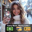 Compatible for iPhone 16e & 17e Case with Card Holder Cute - Kawaii Design Military-Grade Drop Protection Rugged Wallet Cases for Women (Black Skull Floral)