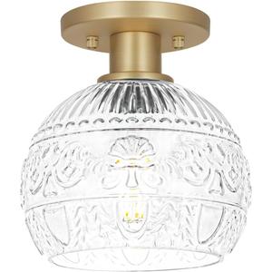 Brass Gold Semi Flush Mount Ceiling Light Fixture, Farmhouse Bathroom Light with Globe Glass Shade, Vintage Hallway Lights Fixture, Small Close to Ceiling Lighting for Porch Corridor Kitchen Entryway