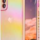 ZTOFERA for Samsung Galaxy S21 FE Case 6.4 inch,Cute Colorful Iridescent Plating Edge Case with Love Hearts Pattern,Camera Lens Protection Shockproof Phone Case for Women Girls,Iridescent Pink