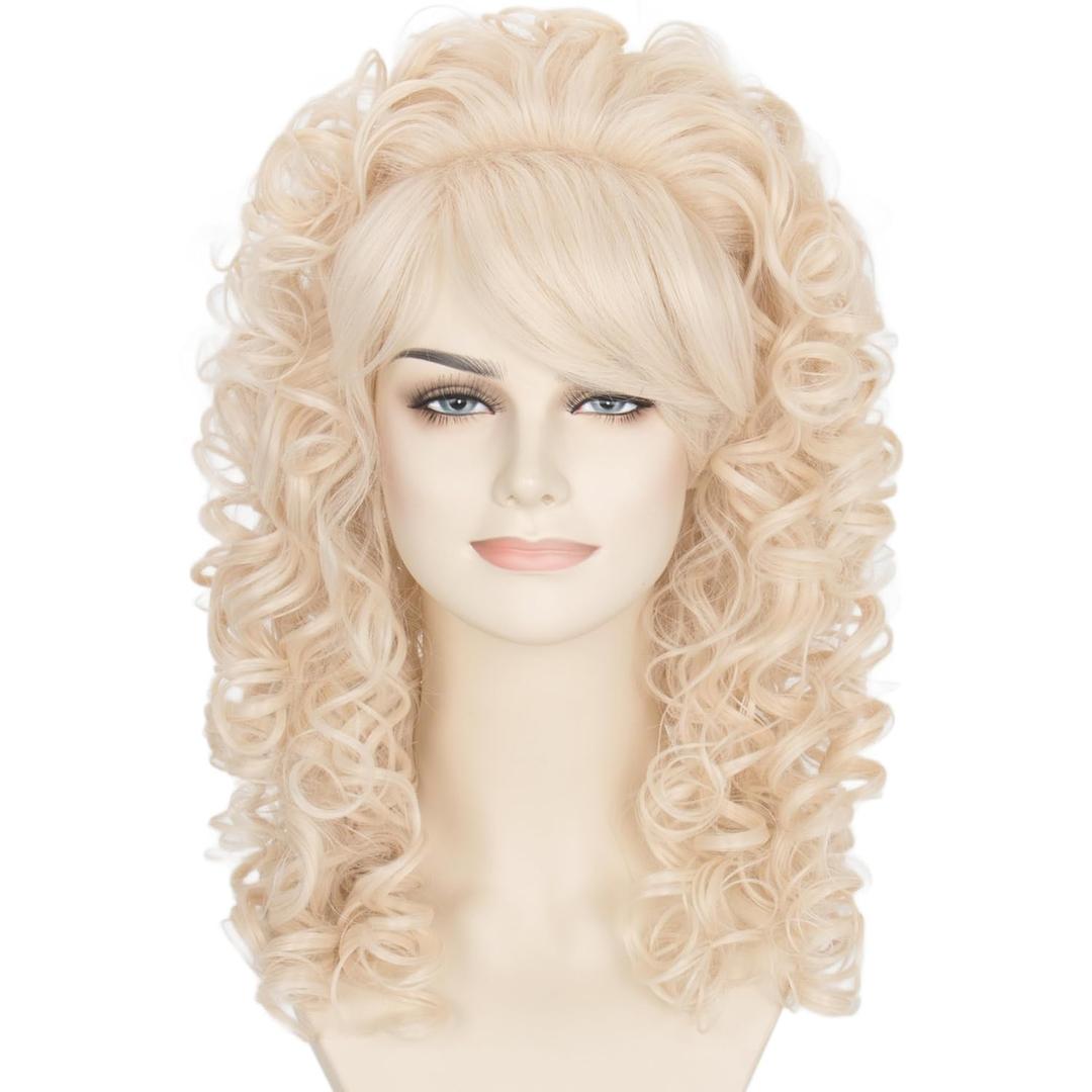 Miss U Hair 60s Long Curly Blonde Beehive Wig for Women 80s Vintage Costume Wig with Bangs for Halloween Party