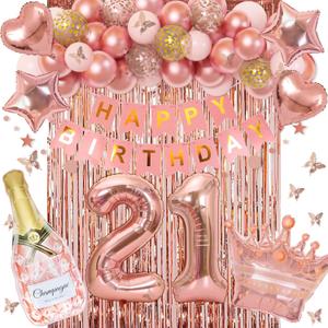 Ouddy Life 21st Birthday Decorations for Her - Rose Gold Party Supplies for Women Girls, Pink Happy Banner, Fringe Curtain, Butterfly Balloons
