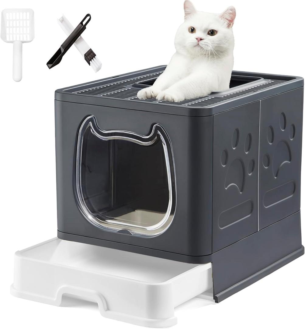 Gefryco Litter Box with Lid for Small to Medium Cats, Enclosed Cat Litter Box with CoverHigh Sided Top Entry Cat Box with Brush and Scoop, Cute Kitty Litter Pan with Drawer for Growing Kitten(Black)