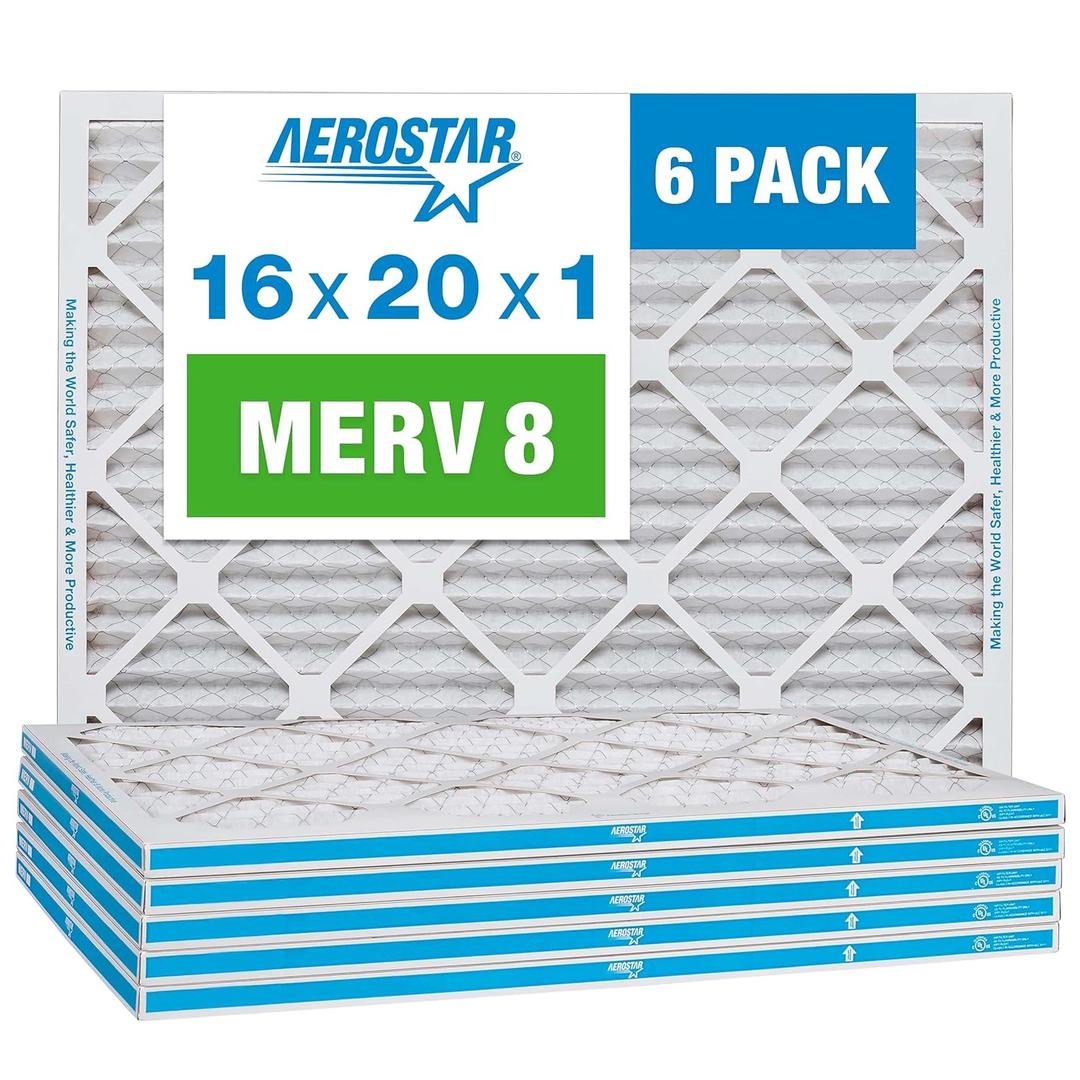 Aerostar 16x20x1 Air Filter MERV 8 - 6 Count - Removes Dust Mites, Lint, Mold, Pet Dander & Allergy-Causing Pollen - Pleated Electrostatic MPR 600 & FPR 5 Furnace Air Filters