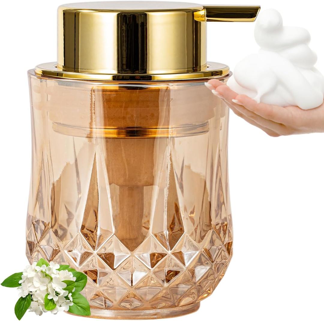 Gold Foaming Soap Dispenser - 8 Oz Foam Hand Wash Dispenser for Bathroom & Kitchen, Modern Glass Dispenser with Golden Foam Pump (Golden Foam Pump/Diamond Glass)