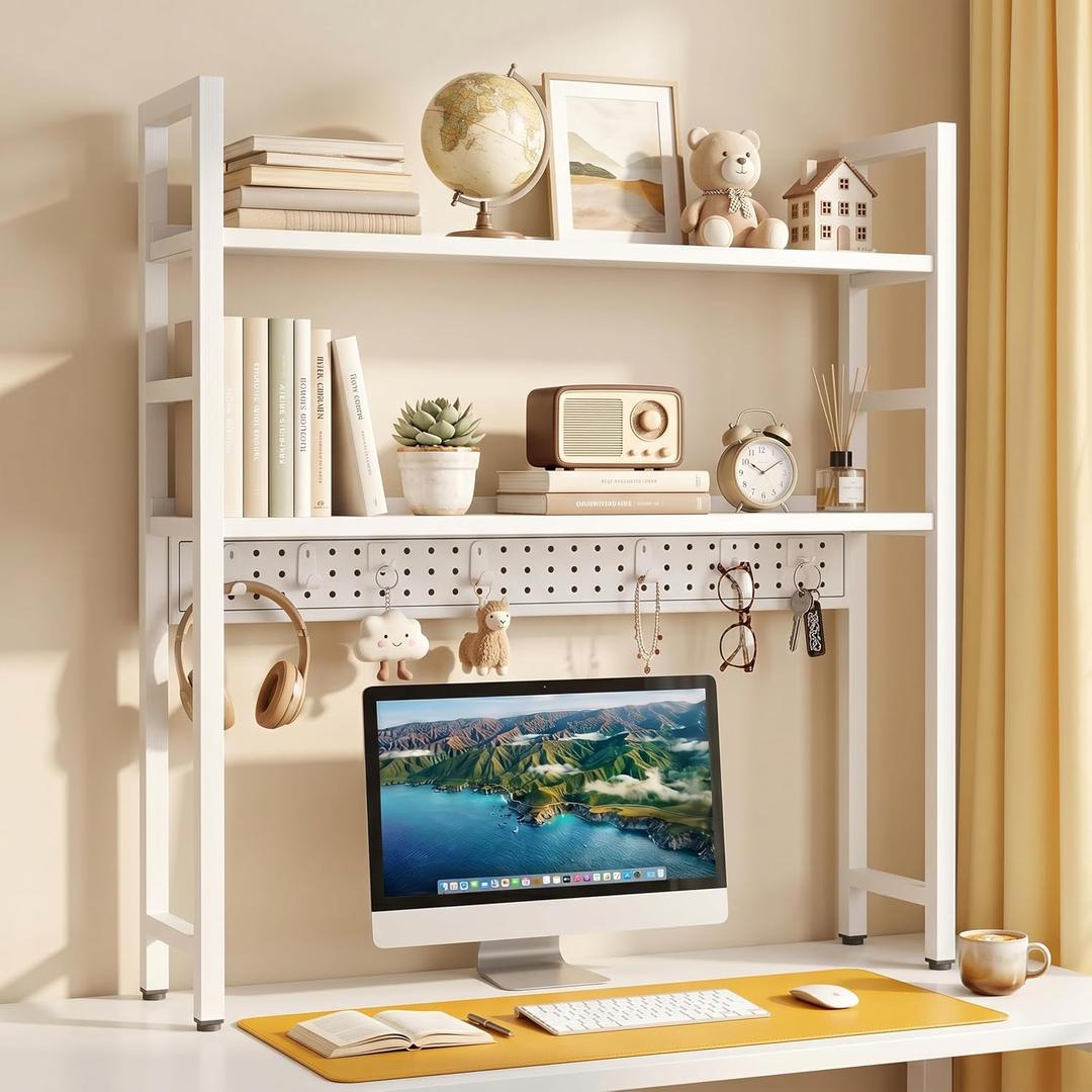 Brakki 2-Tier Desk Shelf, Desk Hutch Bookshelf with Pegboard and Hook Dorm, 30"x7.87"x34.25"