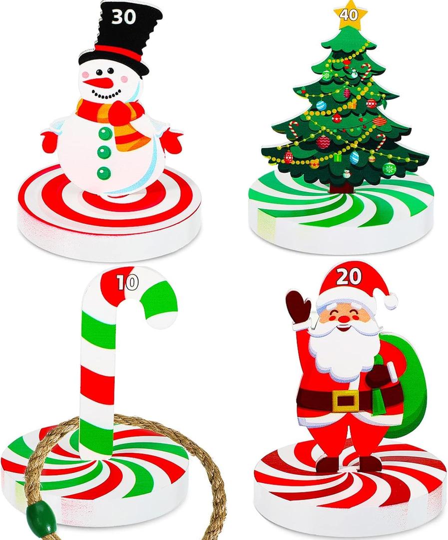 Vicenpal Christmas Ring Toss Game Set, Christmas Party Games for Adults, Family, Xmas Wooden Ring Toss with 4 Rings Candy Cane Snowman Santa Claus Nutcracker Fun Games Gifts