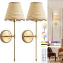 Battery Operated Wall Sconce Set of 2, Wireless Rattan Wall Mounted Light Fixture Rechargeable Wall Sconces with Dimmable Bulb and Remote for Bedroom Living Room Kitchen Stairs(Battery-2pcs)