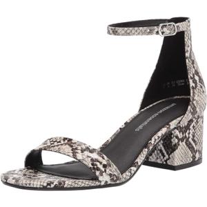 Amazon Essentials Women's Two Strap Ankle Strap Block Heel Sandal (11 Wide, Black White Faux Snake Skin)