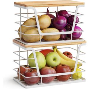 ALOCEO 2 Pack Potato and Onion Storage Bins, Large Trash Bag Holder Under Sink with Bamboo Top, Stainless Steel Pantry Organizers Storage, Kitchen Counter, White