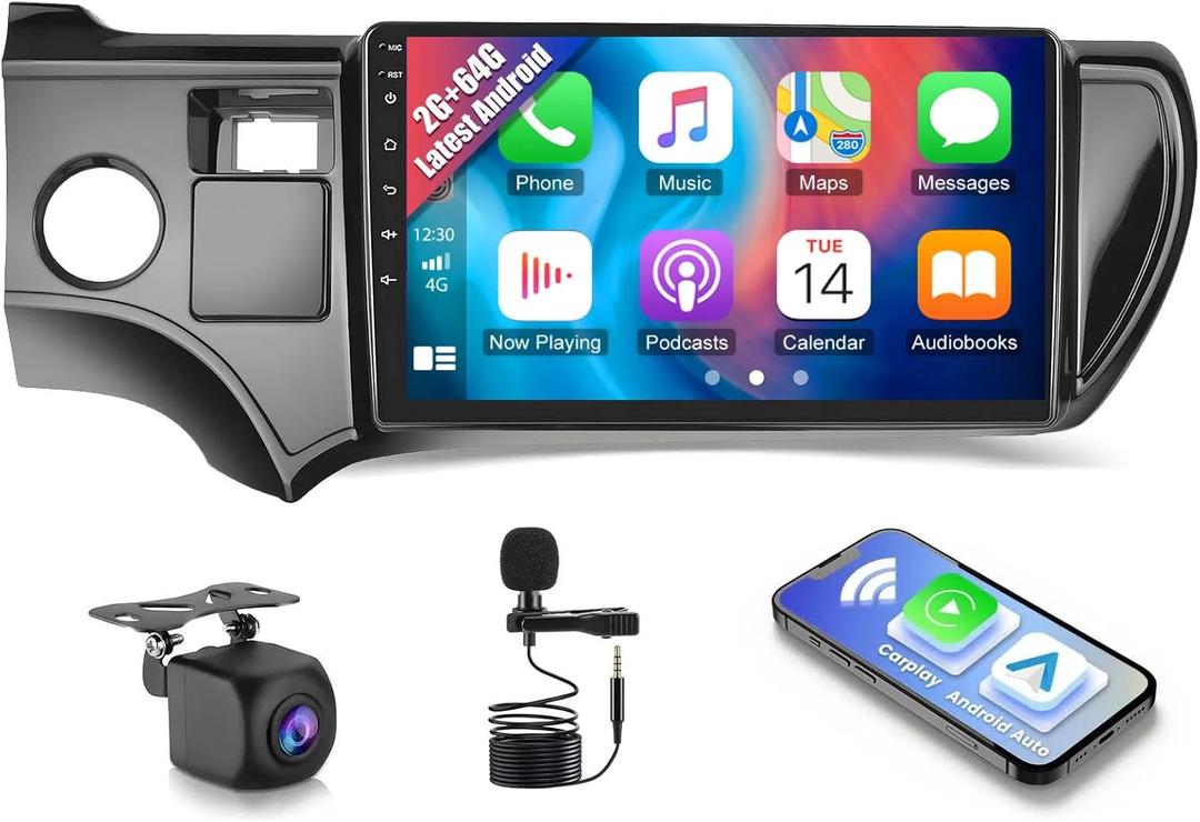 2G+64G Car Radio for Toyota Prius C 2012-2014 Wireless Caplay Android Auto, 9 Touchscreen Stereo Android 15 GPS WiFi Bluetooth FM RDS Mirror Link RCA USB SWC Backup Camera
