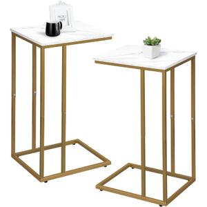 C Shaped End Table Set of 2, Small Side Table for Sofa and Bed, Couch Tables That Slide Under, Snack Side Table for Living Room, Bedroom, White Faux Marble and Gold