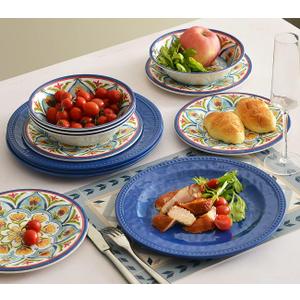 Melamine Dinnerware Sets, 12Pcs Durable Plates and Bowls for 4, Lightweight Dishes Dinnerware Sets for Indoor and Outdoor Use, Dishwasher Safe BPA free (Retro Style)