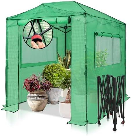 EAGLE PEAK Instant Pop-up Greenhouse, Indoor Outdoor Plant Gardening Green House, Roll-Up Zipper Doors and Side Windows, Walk in 8x6 ft, PE Cover, Green/Clear