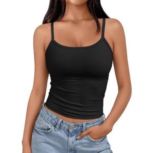 Trendy Queen Women's Spaghetti Strap Tank Tops Adjustable Cute Camisole Going Out Crop Tops Summer Clothes (Medium, Black)