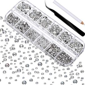 2000 Pieces Flat Back Gems Rhinestones 6 Sizes (1.5-6 Mm) Round Crystal with Pick up Tweezer and Rhinestones Picking Pen for Crafts Nail Clothes Shoes Bags DIY Art (Clear)