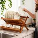 Utoplike Teak Dish Drainer Rack Collapsible 2 Tier Dish Rack Dish Drying Rack Foldable Plate Organizer Holder for Kitchen Compact Countertop