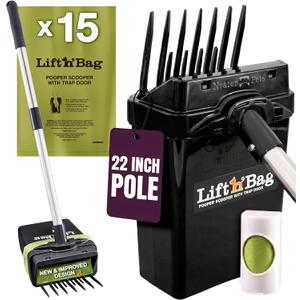 Neater Pet Brands Lift N’ Bag 2.0 Dog Pooper Scooper with Bag Attachment & 22" Pole for Small to Large Dogs, New & Improved Design, 15 Refill Bags, Heavy Duty Dog Poop Scooper for Yard, One-Hand Use
