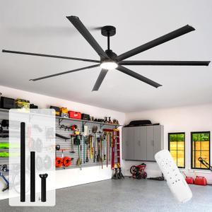 96 Inch Industrial Ceiling Fans with Light,Black HVLS Ceiling Fan with 6 Speeds Reversible Motor,High CFM Indoor/Outdoor Ceiling Fan with 7 Aluminum Blades for Barn shop,Commercial