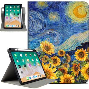 Rotating Case for iPad (A16) 11th Generation, iPad 10th Generation Case with Pencil Holder 360 Swivel ipad a16 10th/11th case Multi-Angle View Adjustable Stand Auto Wake Sleep, Starry Night Sunflowers
