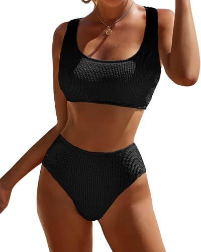 DaiLiWei High Waisted for Women Ribbed 2 Piece Bathing Suit Modest Full Coverage Bikini Sets Sporty Cute Swim Suits for Teens, Size S