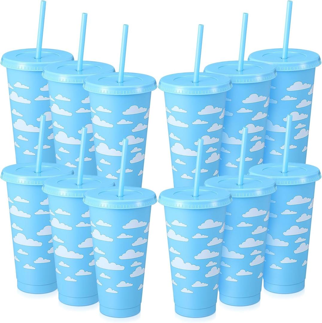 Havawish 12 Pcs Cloud Party Favors Blue White Cartoon Story Party Plastic Tumbler Bulk Gifts with Lid and Straw Reusable Cups Cartoon Birthday Supplies Favors (24 oz)