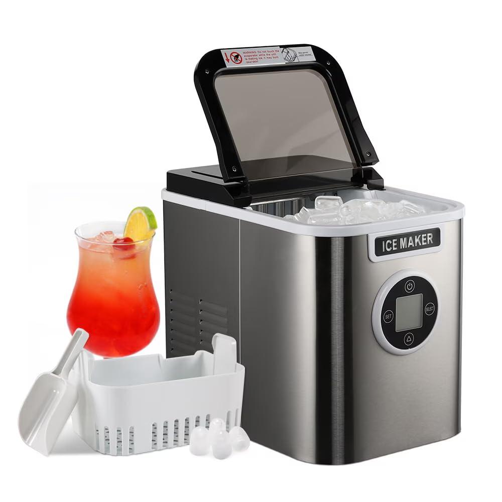 Countertop Ice Maker with 9 Bullet Ice in 7 Mins, 26.5lbs/24H Stainless Steel Portable Ice Machine  Self-Cleaning, LCD Display & Detachable Basket for Home/Office/Camping