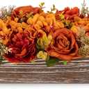 DILATATA Flower Arrangement with Wooden Vase 14" Artificial Flowers in Pot - Fake Flowers Roses Peonies Hydrangeas in Wooden Vase Potted Flower Centerpieces for Table Decor Living Room - Dried Orange