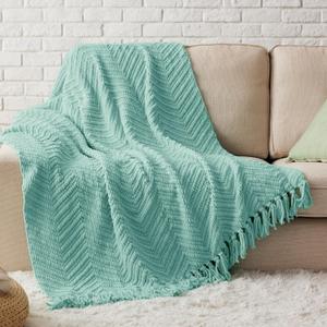 Bedsure Throw Blankets for Couch - Textured Chunky Knit Woven Chenille Blanket - Super Soft, Warm Decorative Boho Throw with Tassels for Bed, Sofa and Living Room Decor, Sky Teal, 50x60 Inches (Throw (50" x 60"), 02 - Sky Teal)