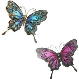 LIFFY Metal Butterfly Wall Decor,2Pack 12" Glass Butterfly Outdoor Wall Art Sculptures,Hanging Garden Decor Outside for Home,Yard,Fence,Patio
