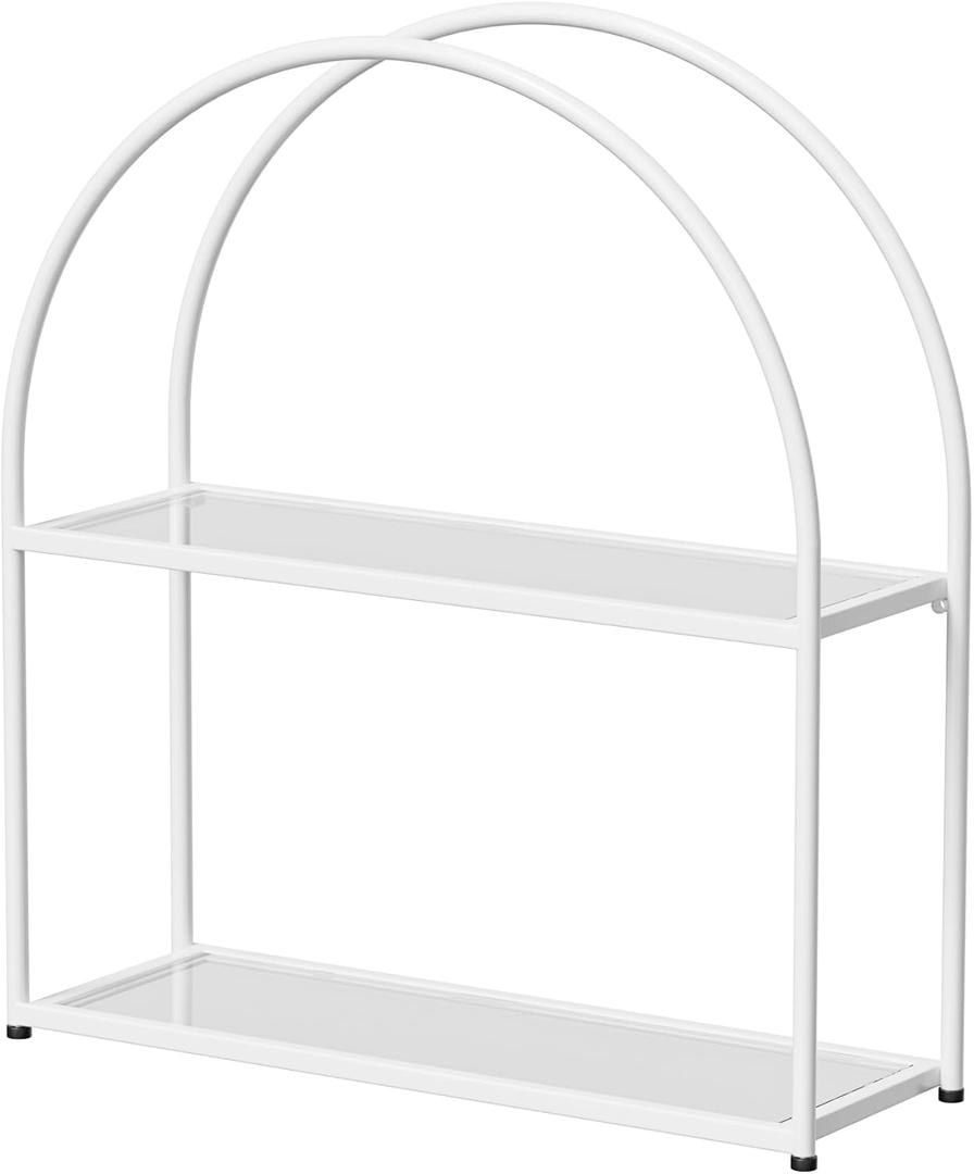 Crofy White Arched Frame Wall Shelf, Decorative 2 Tier Bathroom Wall Shelf with Transparent Tempered Glass Shelves and Robust Storage Capacity, 6" D x 17.9" W x 19.18" H