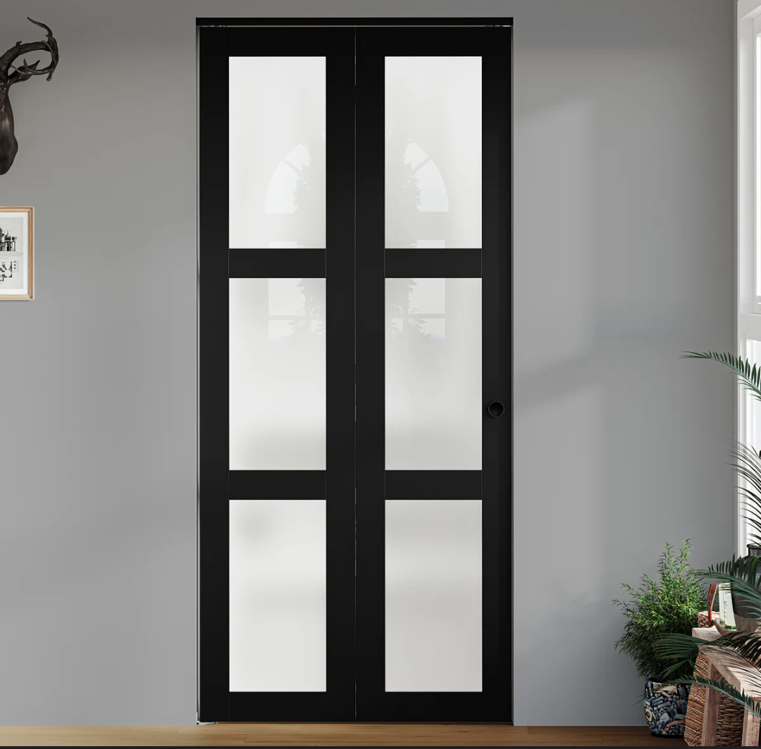 3-Lite 78" Frosted Glass Bi-fold Doors with Installation Hardware Kit for 80" Door Opening Height