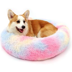 Dog Calming Beds for Small Medium Large Dogs - Round Donut Washable Puppy Dog Bed, Anti-Slip Faux Fur Fluffy Donut Cuddle Anxiety Cat Pet Bed(20'' Color)