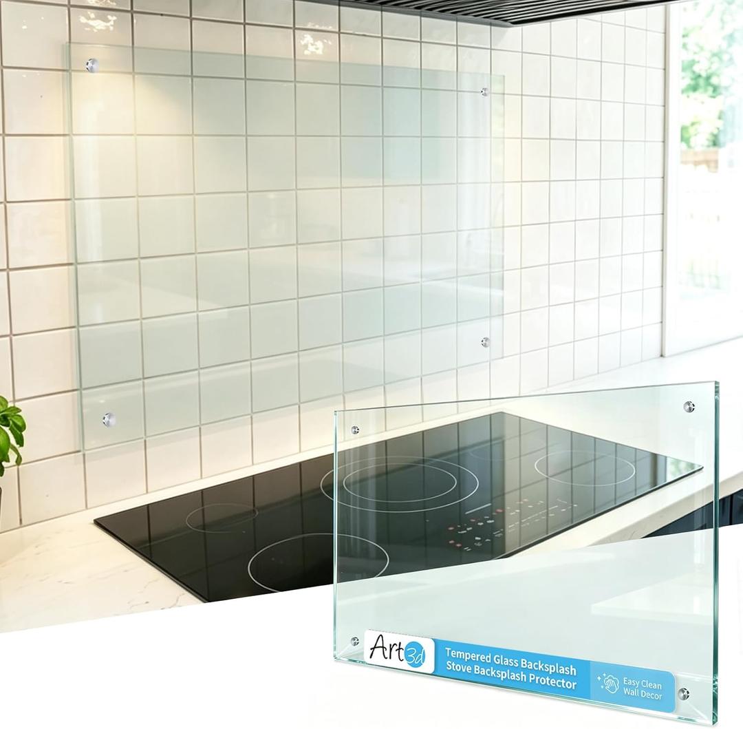 Art3d Tempered Glass Stove Backsplash, Stove Backsplash Protector, 33.9"L x 24"W