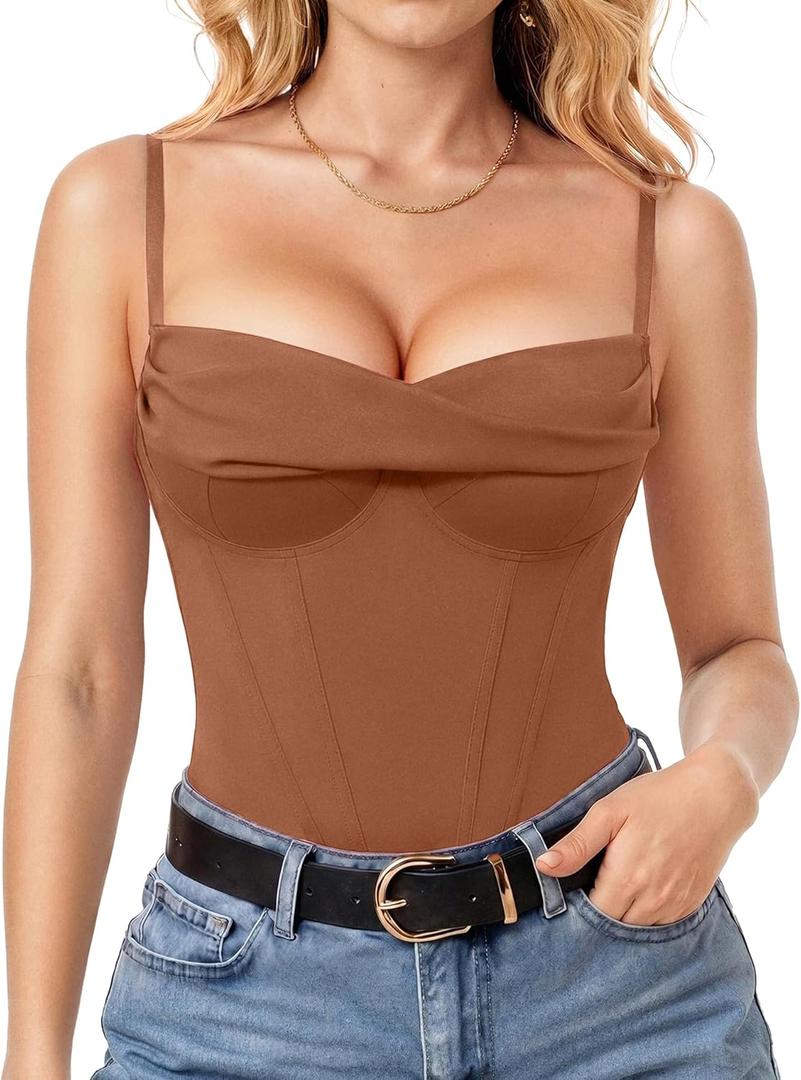 Popilush Corset Bodysuit for Women Tummy Control Thong Shapewear Bodysuits Cowl Neck Going Out Tops Brown, L