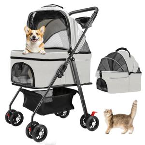 Pet Stroller for Small Dogs and Cats with 4 Wheels, 3 in 1 Foldable Dog Stroller with Detachable Carrier, Breathable Mesh, Storage Basket & Cup Holder, Up to 33 lbs