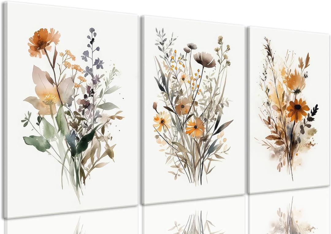Bwodke Framed Wildflower Wall Art Colorful Botanical Floral Poster Canvas Prints Set of 3 Minimalist Watercolor Flower Pictures Vintage Farmhouse Decor Painting Bedroom Bathroom Living Room 16"x24"