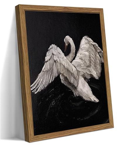 Framed Black and White Swan Wall Art Vintage Aesthetics Art Retro Picture Print with Wood Frame Dark Academia Moody Painting Wall Decor for Bedroom Livingroom 16x12 Inch
