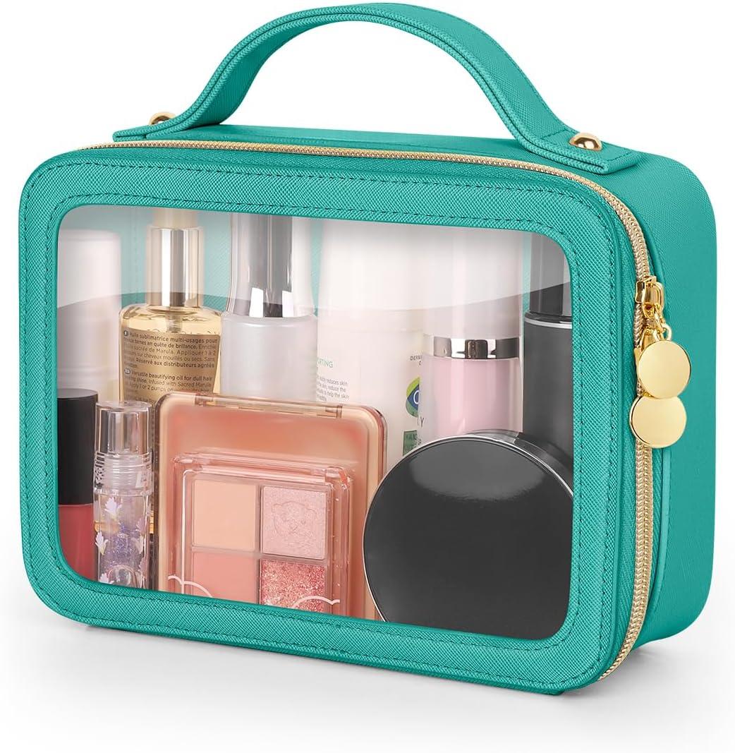 Clear Makeup Bag, Portable Travel Cosmetic Bags, Multipurpose Leather Toiletry Bag with Zipper, Waterproof Transparent Cosmetic Organizer for Women, Medium, Green
