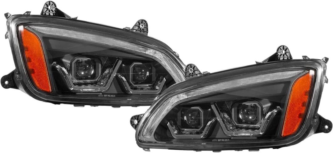 Pair Performance Headlights Assembly Fit for Kenworth T170 T270 T300 T370 T400 T440 T470 T660 T700 2008-2018 DRL LED Strip Truck Headlamp Left Driver & Right Passenger Side