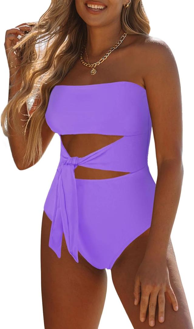 Viottiset Women's Bandeau One Piece Swimsuit Strapless Tie High Cut Out Bathing Suit S