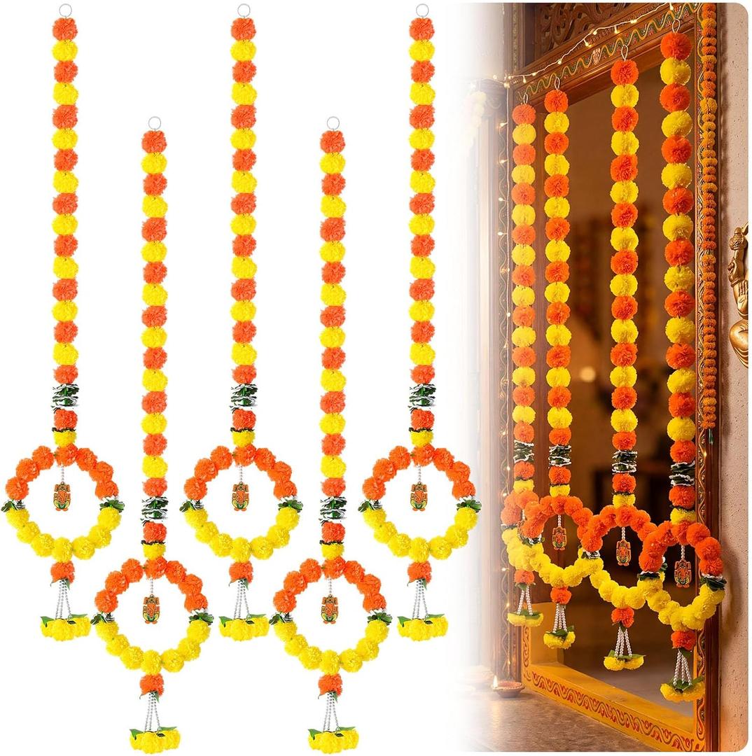 5 Pcs 5 ft Diwali Marigold Garland for Pooja Decor, Orange Yellow, 60 inch