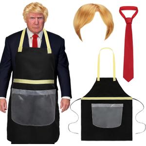 Geyoga 3 Pcs President Costume Kit Halloween Funny President Cos Fast Food Restaurant Waiter Celebrity Presidential Candidate Wig Set Including Blue Apron, Wig, Red Tie for Halloween Cosplay Party